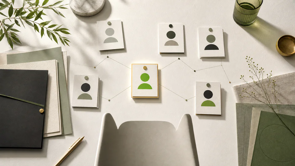 An illustrative executive-search map with one candidate profile selected for a leadership brief.